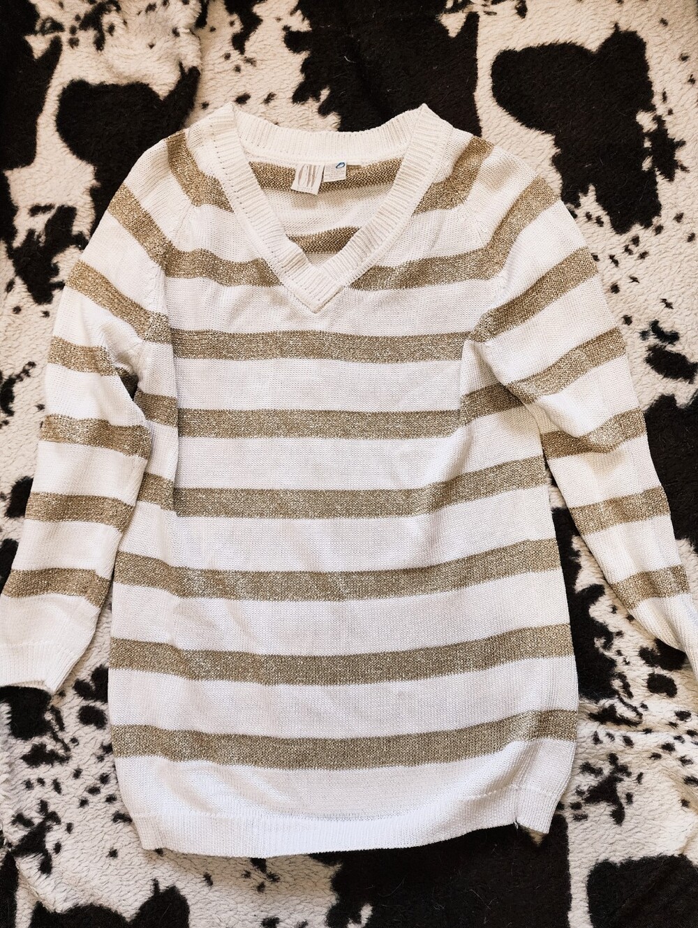 WOMEN'S 80'S/90'S NAUTICAL STRIPES V-NECK SWEATER - GOLD/WHITE